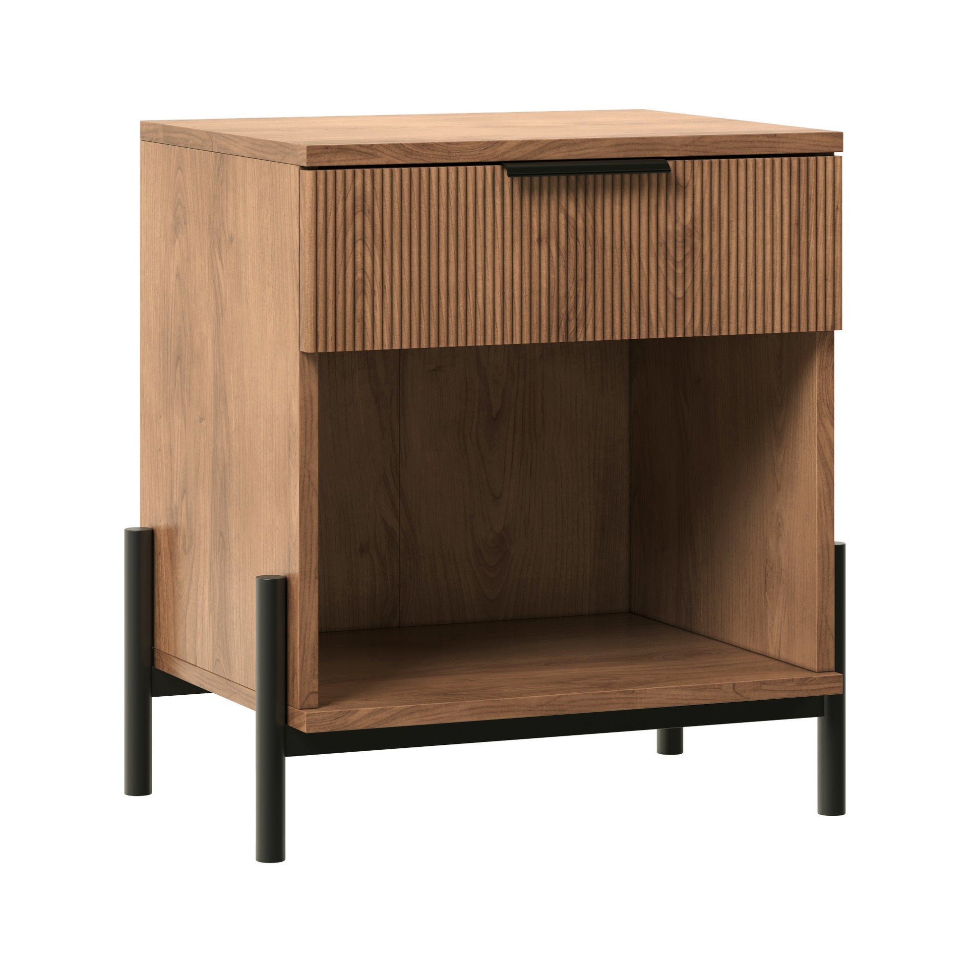 Modern Fluted-Drawer Nightstand with Open Cubby – Mocha, Bedside Table