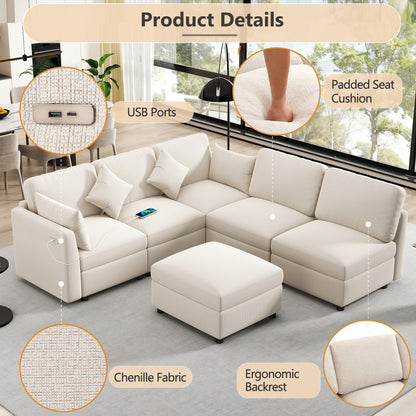 85.4" Sectional Sofa Modular Sofa U-shaped Sofa Couch Sofa Bed L-shaped Sofa with a Movable Ottoman and Two USB Ports for Living Room, Beige