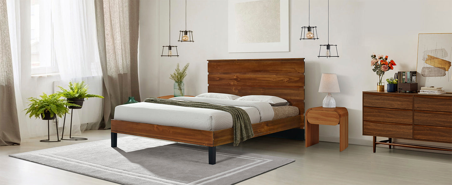 Mid-Century Modern Solid Wood Bed Frame Queen Size Platform Bed with Six-Piece Headboard Design, No Box Spring Needed, Brown