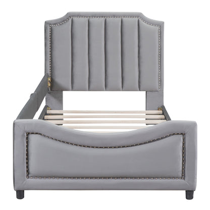 Twin Size Upholstered Daybed with Classic Stripe Shaped  Headboard, Gray