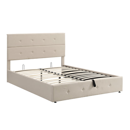 Upholstered Platform Bed with Underneath Storage,Queen Size,Beige