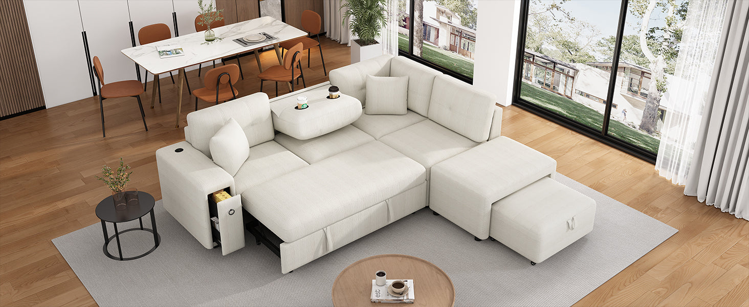 86.6" Sectional Sofa L-shaped Sofa Couch Pull-out Sofa Bed with a Movable Ottoman, Two USB Ports  and Two Cup Holders for Living Room, Beige