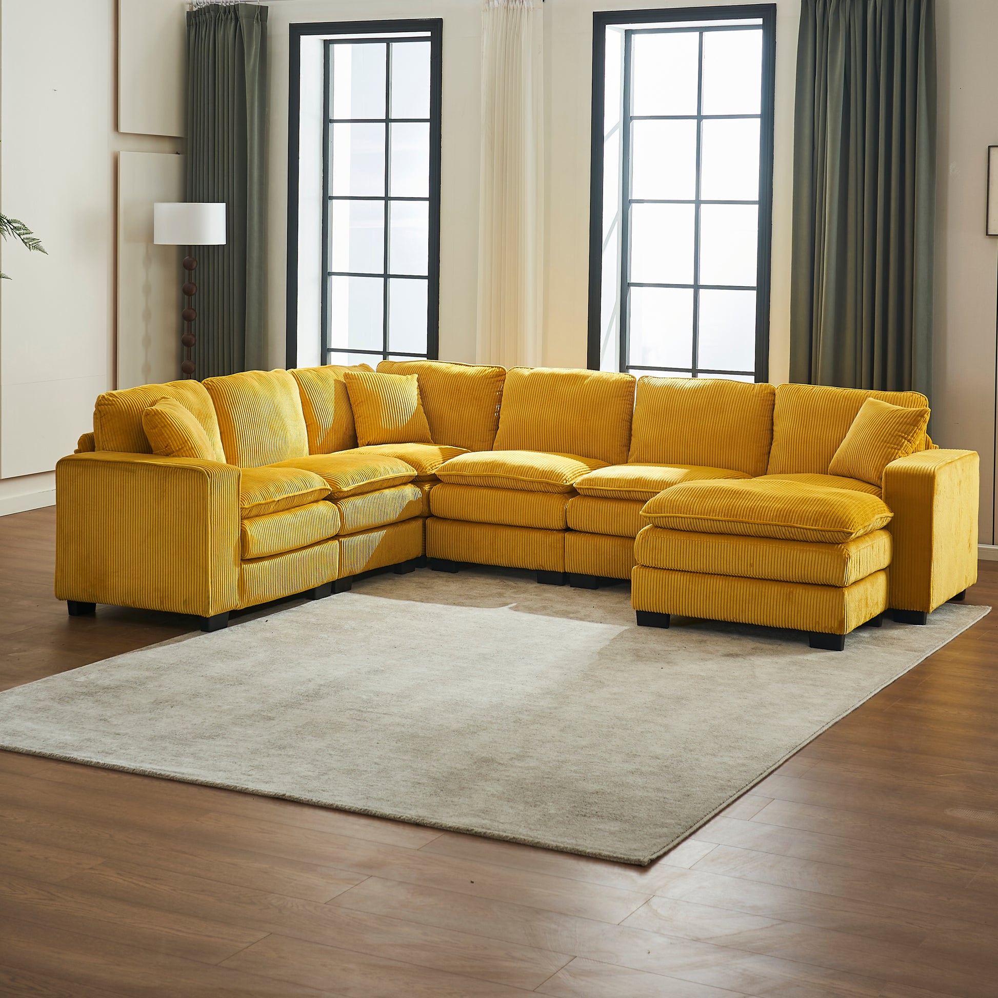 Modern U Shaped 6-seat Sectional Sofa Couch with one Ottoman and three toss pillows ,Modular Sofa for Living Room,Corduroy sofa