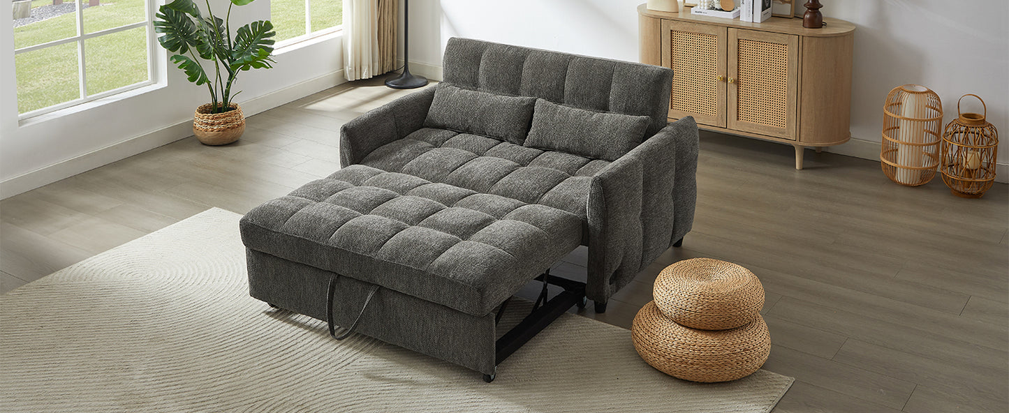 52.8" Loveseat Sofa Pull-out Sofa Bed Tufted Sleeper Sofa with an Adjustable Backrest, Three USB Ports and Two Lumbar Pillows for Living Room, Grey