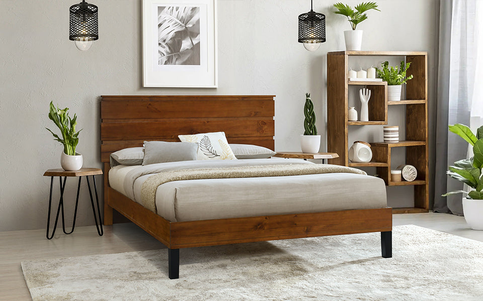 Mid-Century Modern Solid Wood Bed Frame Queen Size Platform Bed with Three-Piece Headboard Design, No Box Spring Needed, Brown