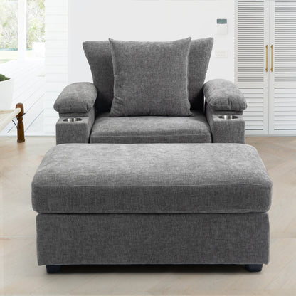 Modern Oversized Chair with Ottoman,Chenille Fabric Sofa Bed,Accent Chair Comfy Sofa with Cupholders and USB Charging Ports Chair for Living Room,Bedroom,Apartment