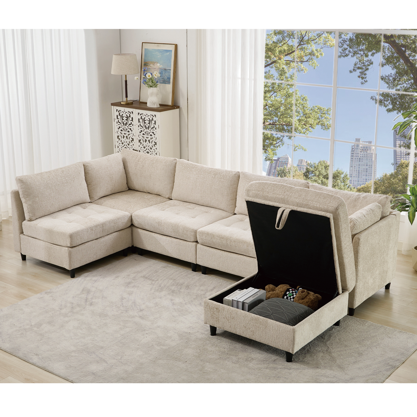 [NEW ARRIVED] [VIDEO PROVIDED]   Modular Sectional Couch with Storage Ottoman, U Shaped Sofa, Storage Ottoman,Minimalist ,Convertible Modular Sofa,Chenille ,Upholstered,6 Seat,Living Room,  Beige