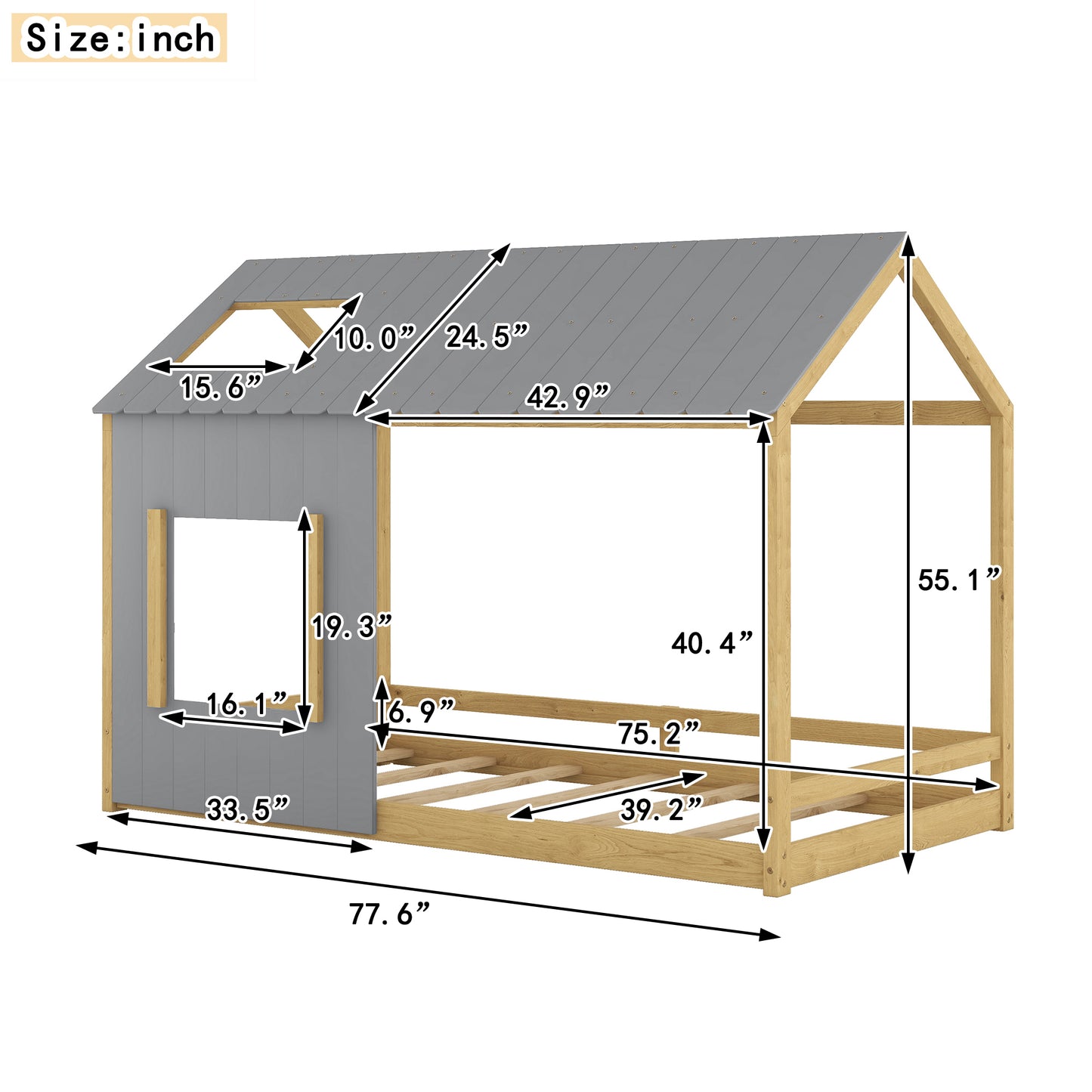 Twin Size House Bed with Roof and Window - Gray+Natural (Old SKU: WF296897AAD)