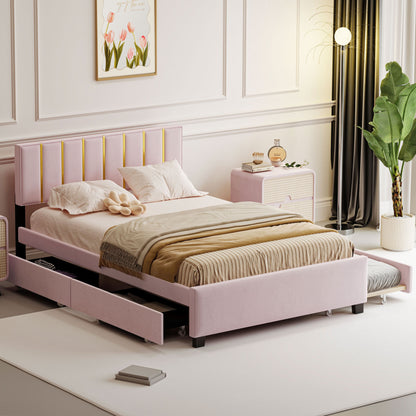 Queen Size Upholstered Platform Bed with 2 Drawers and 1  Trundle, Classic Metal Strip Headboard Design, Pink