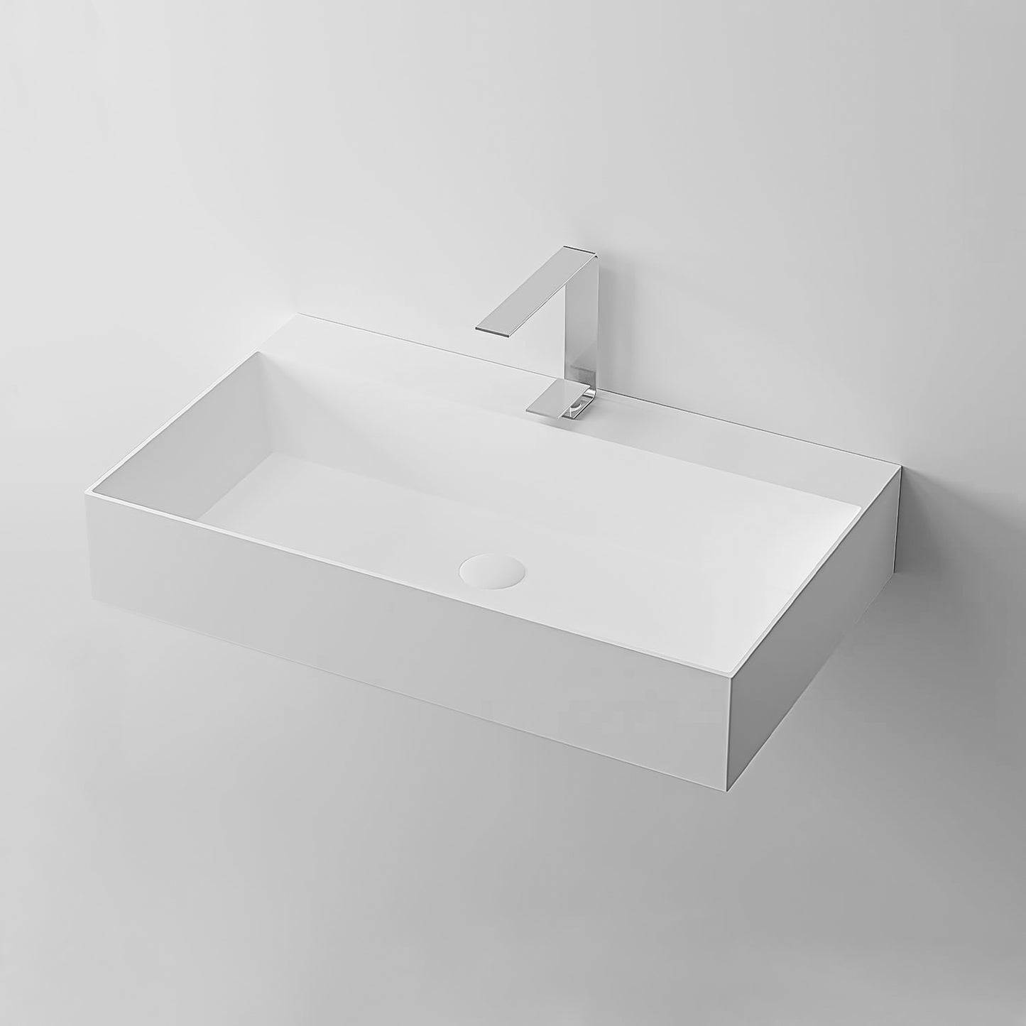 36" x 18" Solid Surface Wall Mount Rectangle Matte White Vessel Sink with Faucet Hole