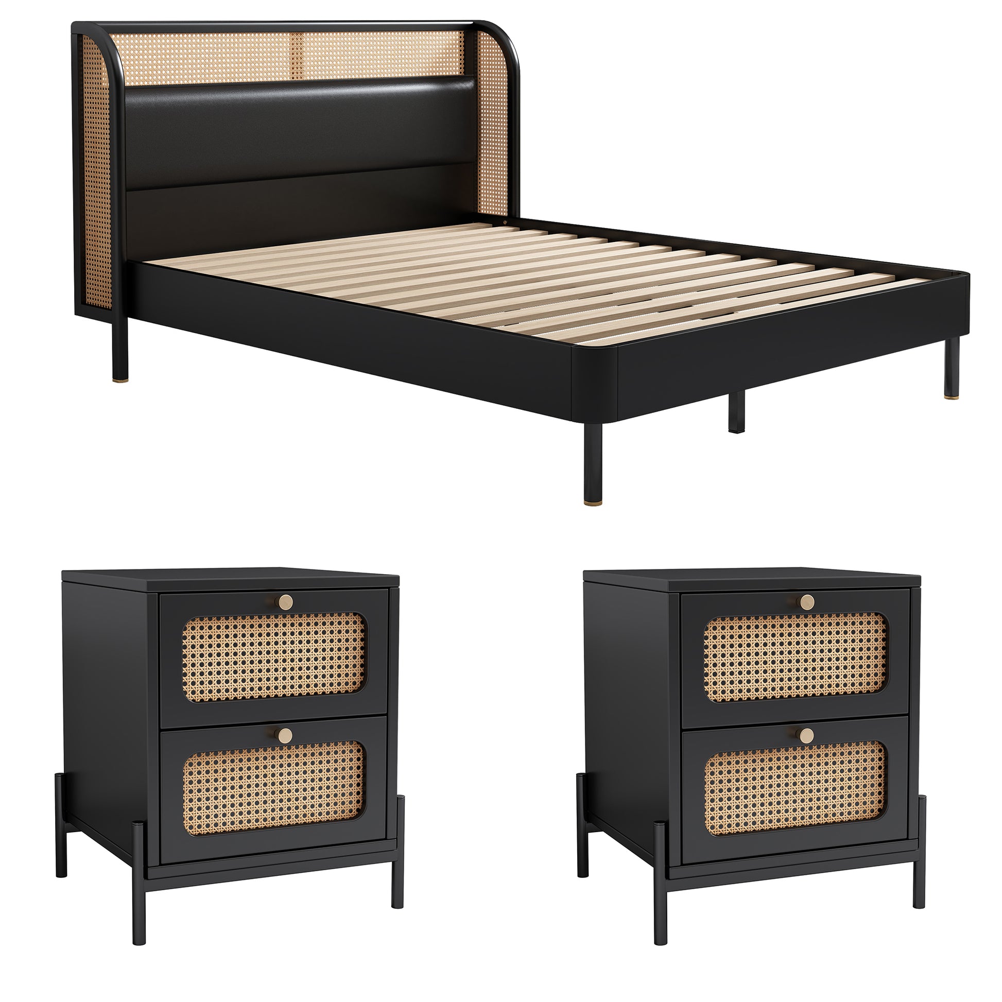 Yara Black 4 Pieces Modern Cannage Rattan Platform Queen Bed + Nightstands (2) + Dresser Set