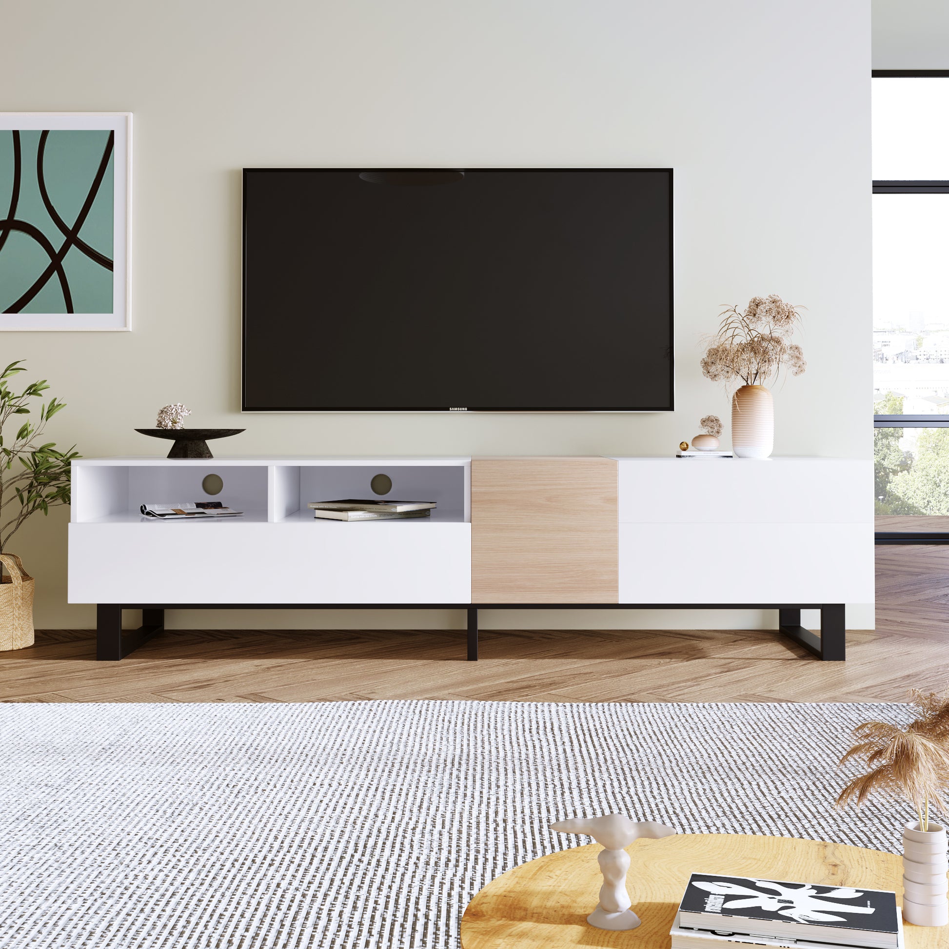 Modern TV Stand for 80'' TV with Double Storage Space, Media Console Table, Entertainment Center with Drop Down Door for Living Room, Bedroom, Home Theatre