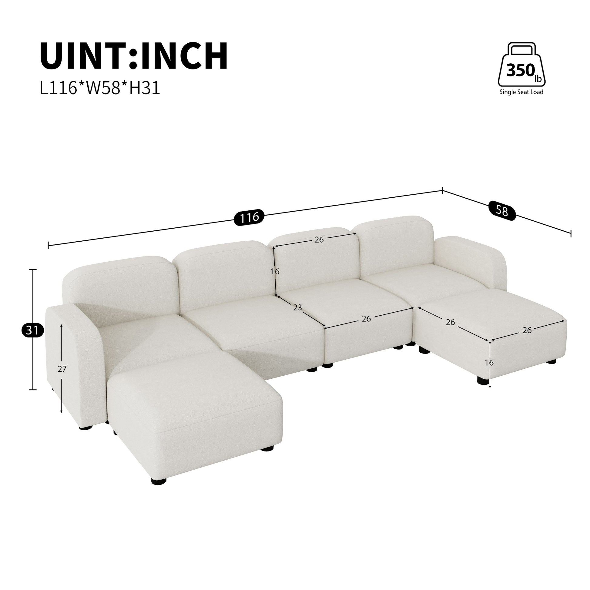 [New]116*58" Velvet Modular Sectional Sofa,U Shaped Reversible Couch Set,Free Combination,6 Seat Sleeper Cloud Sofa Bed with Ottoman,Convertible Oversized Indoor Furniture Pieces for Living Room,Beige