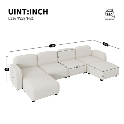 [New]116*58" Velvet Modular Sectional Sofa,U Shaped Reversible Couch Set,Free Combination,6 Seat Sleeper Cloud Sofa Bed with Ottoman,Convertible Oversized Indoor Furniture Pieces for Living Room,Beige