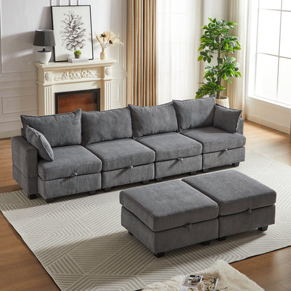 113.5'' Modular Sectiona Corduroy Sofa, Sectional Couches for Living Room U Shaped Sectional Couch with Storage Ottoman, 6 Seats Convertible Sectionals with Chaise