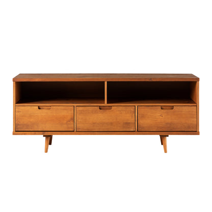 Mid-Century Modern Solid Wood 3-Drawer 58" TV Stand for 65" TVs with 2 Open Cubbies - Caramel