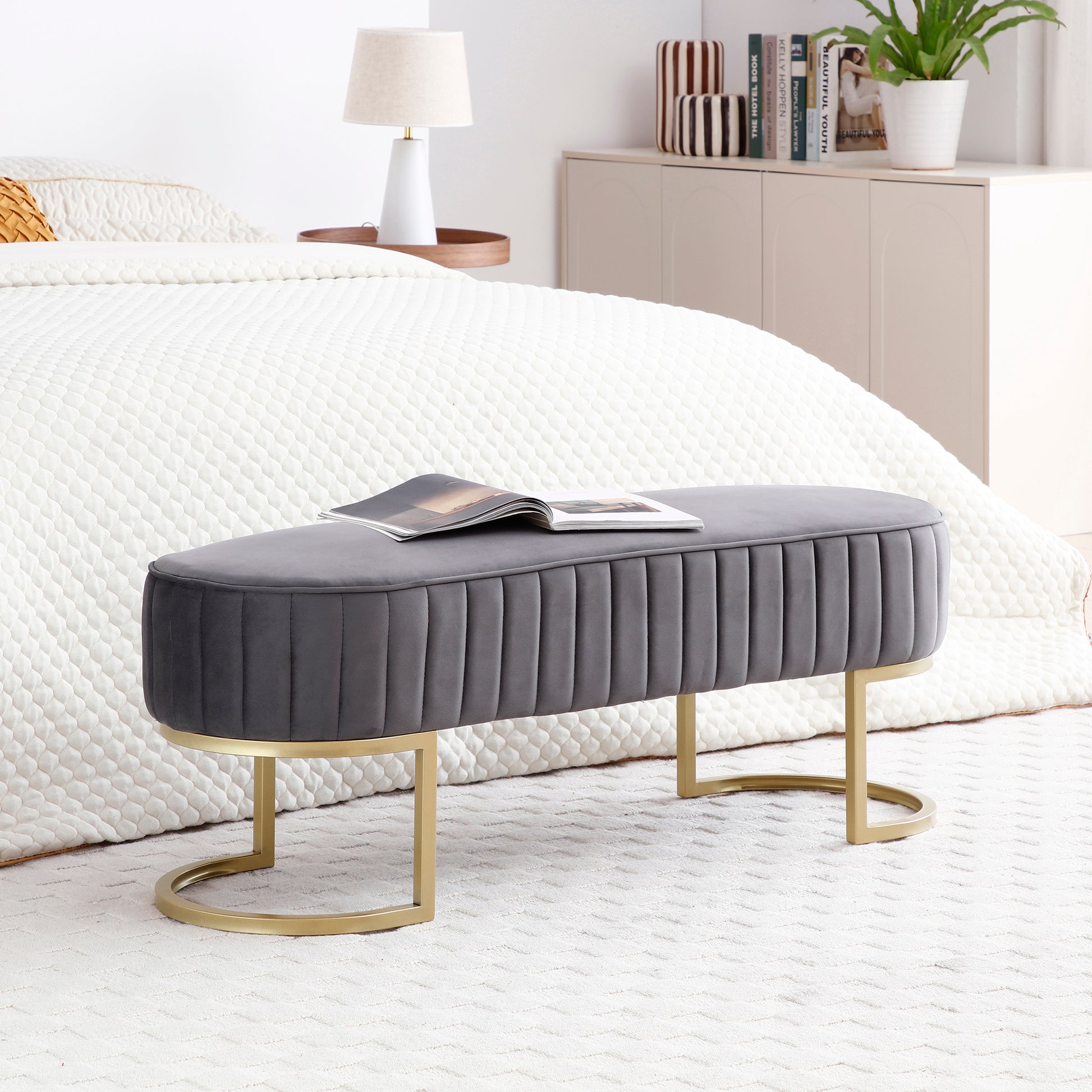 Bench Bedroom Bench ,Velvet Oval Upholstered End of Bed Bench with Golden Metal Legs ,48" Modern Storage Ottoman Bench for BedroomLiving Room,  Entryway Window ,Grey