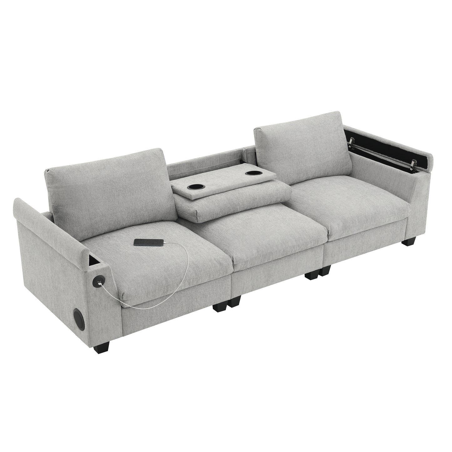 96*35''Chenille Sectional Sofa with Bluetooth Speaker,Comfy Cloud Couch Set with Drop Down Table,Cup Holders,USB Charger,Storage Armrest,Wide Seat Sofa for Living Room,Apartment,Office,3 Colors