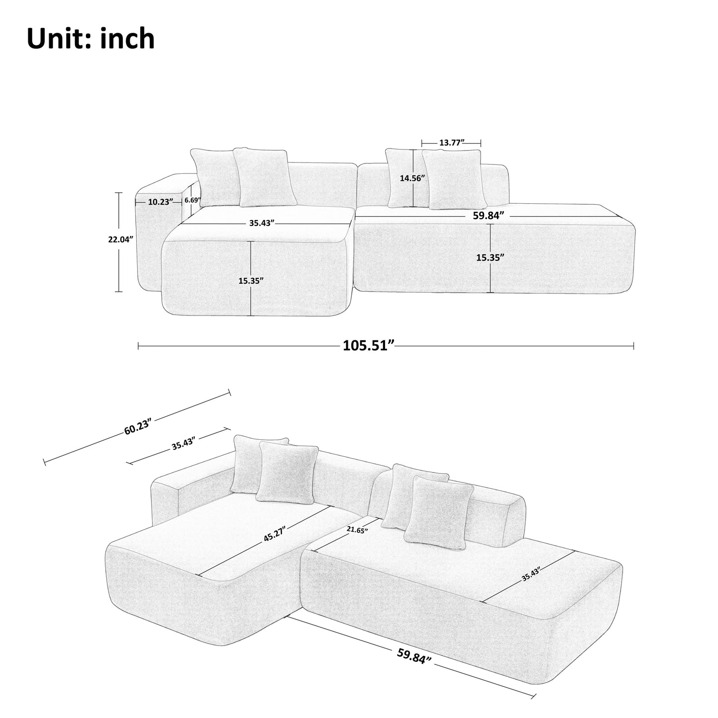 Modular Sectional Couch, Lambswool Fabric Modern L-Shape Sectional Sofa with Chaise Lounge,  Living Room Upholstered 5-seater Corner Sofa Couch for Bedrooms, Apartment