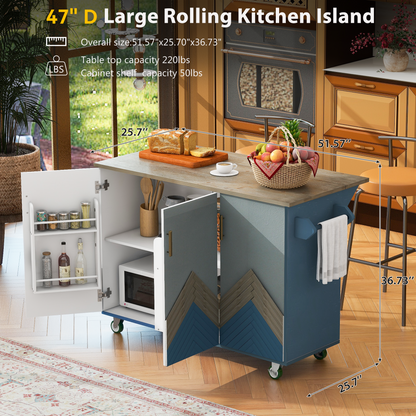 Retro Mountain Wood 47"D Kitchen Island with Drop Leaf, Accent Cabinet with Internal Storage Rack, Farmhouse Rolling Kitchen Cart on Wheels for Living Room, Kitchen, Dining Room (Navy Blue)