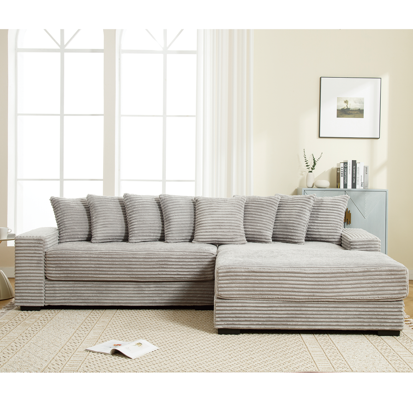 [NEW ARRIVED] [VIDEO PROVIDED] Oversized Two-Piece Couches, L Shaped Sofa, Corduroy, Right Chaise Daybed,with Armrests,Eight Throw Pillows,Corner Sofa,Easy To Assemble, Gray