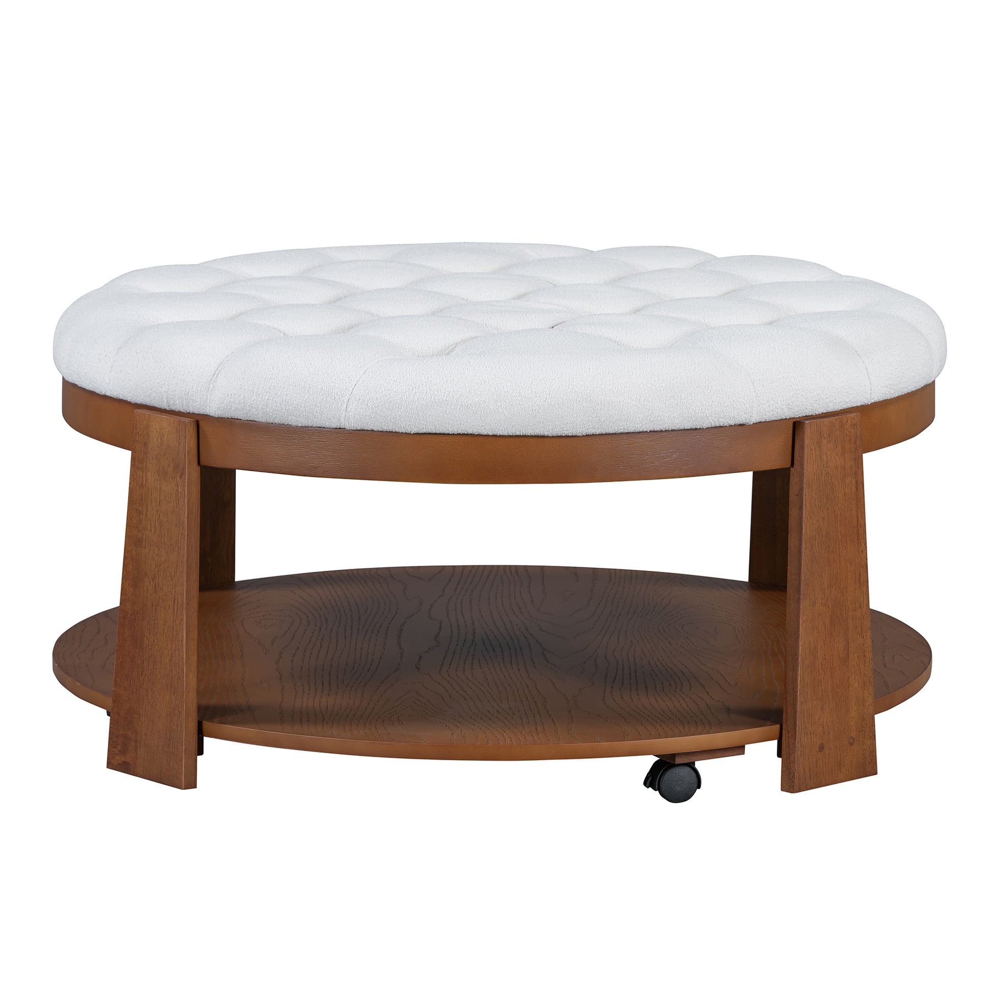 Modern Large Round Ottoman Coffee Table 2-Tier Oversized Button Tufted Ottoman with Wood Shelf Storage Upholstered Coffee Table for Living Room Footrest Ottoman with wheel, waterproof Linen