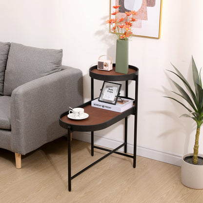 Modern 2-Tier Brown Side Table for Living Room Black Metal Frame with Wood & PU Tray End Tables for Sofa