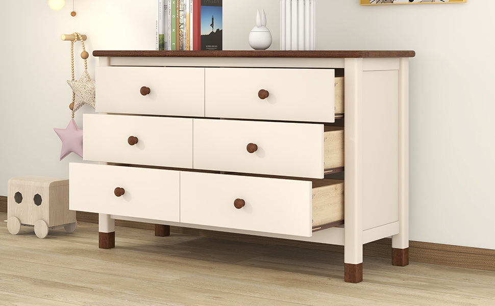 Wooden Storage Dresser with 6 Drawers,Storage Cabinet for kids Bedroom,Cream+Walnut