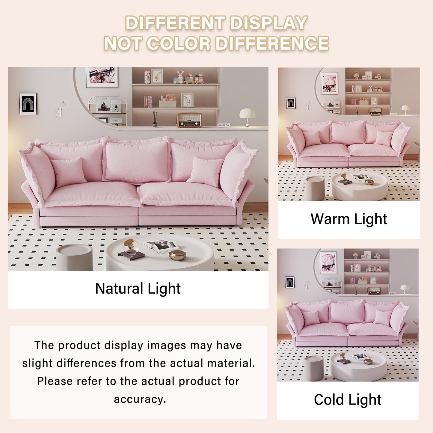 90.55" Modern Comfy Upholstered Sofa Cloud Couch, Deep Seat Couches with Multiple Large Soft Pillows,Convertible Deep Seat Chaise Longue for Living Room Bedroom,Apartment,Office,PINK