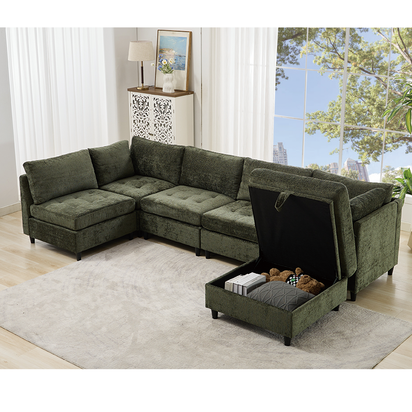 [NEW ARRIVED] [VIDEO PROVIDED]   Modular Sectional Couch with Storage Ottoman, U Shaped Sofa, Storage Ottoman,Minimalist ,Convertible Modular Sofa,Chenille ,Upholstered,6 Seat,Living Room,   Green