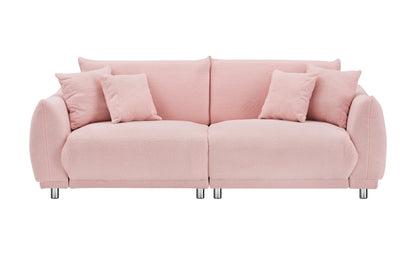 The 86.6 inch teddy fleece pink sofa with four throw pillows and hardware feet can sit comfortably in an apartment bedroom without taking up space