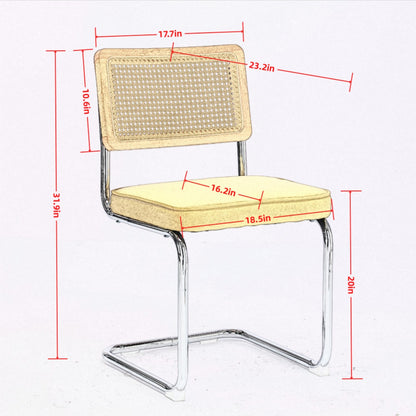Mid Century Modern Dining Chairs Set of 2, Velvet Accent Chairs with Natural Cane Back & Stainless Chrome Base, Famous Breuer Designed Chairs, Upholstered Rattan Kitchen Chairs,Golden