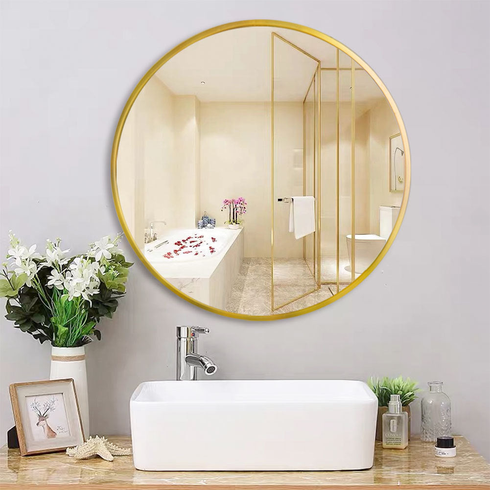 Tempered mirror 28" Wall Circle Mirror for Bathroom, Gold Round Mirror for Wall, 20 inch Hanging Round Mirror for Living Room, Vanity, Bedroom