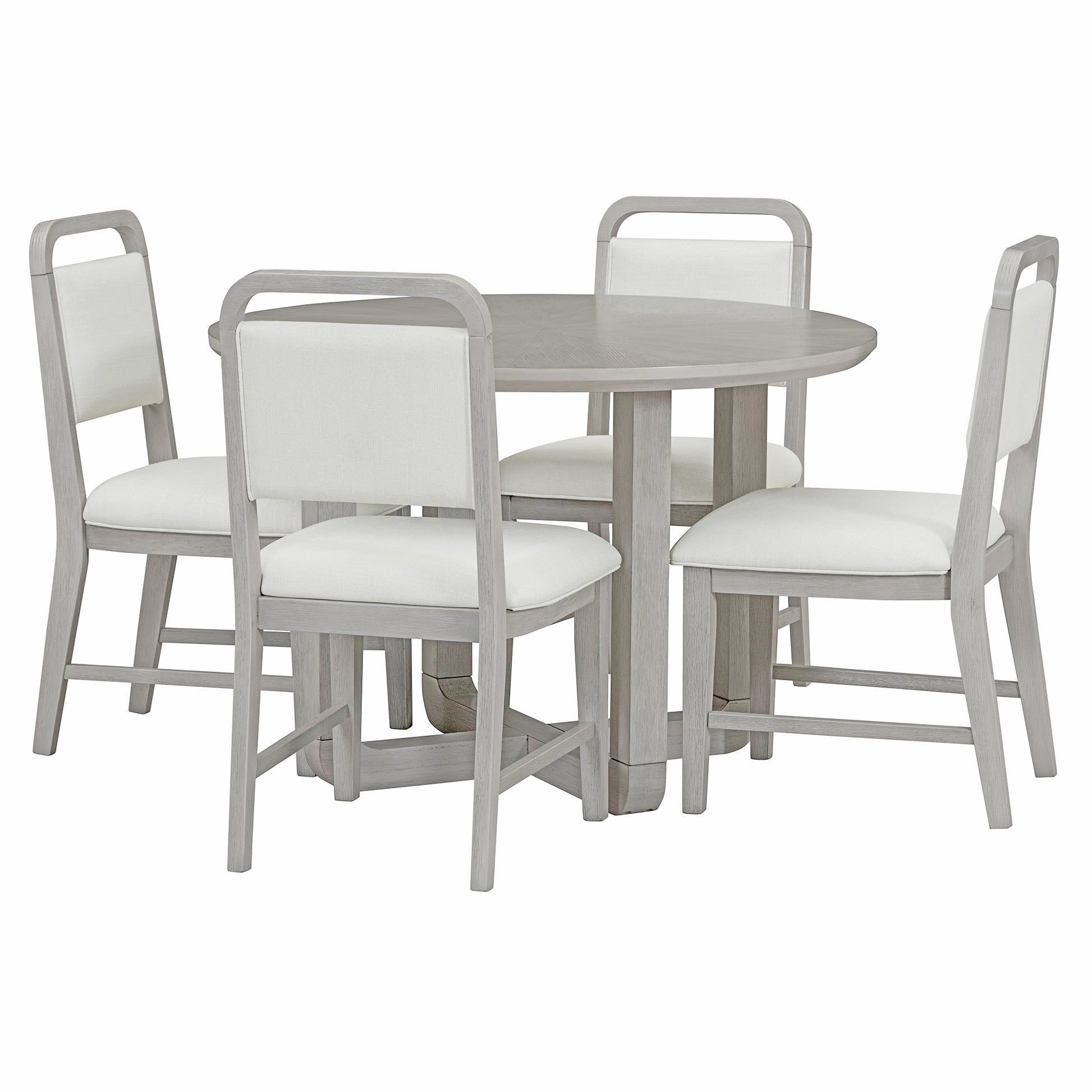 TREXM 5-Piece Retro Dining Set, Round Table Top with Radial Wood Grain Design and 4 Upholstered Chairs for Dining Room and Kitchen (Antique Gray)