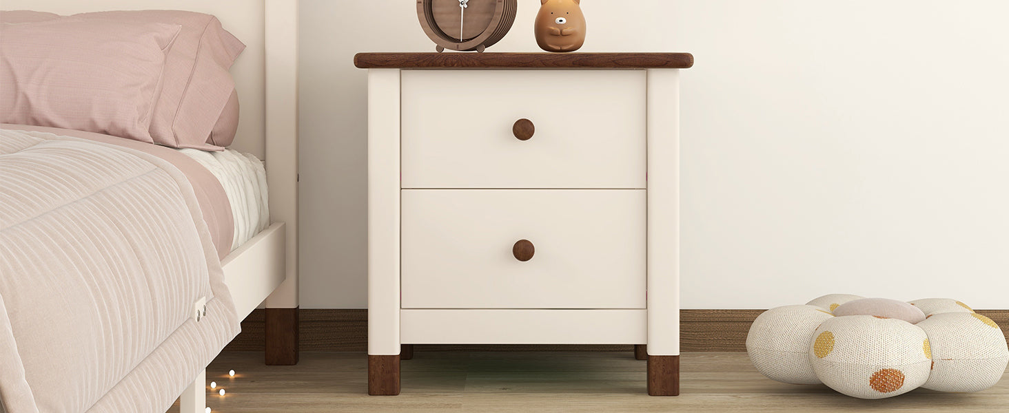 Wooden Nightstand with Two Drawers for Kids,End Table for Bedroom,Cream+Walnut