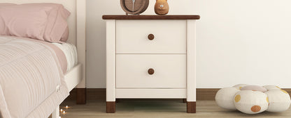 Wooden Nightstand with Two Drawers for Kids,End Table for Bedroom,Cream+Walnut