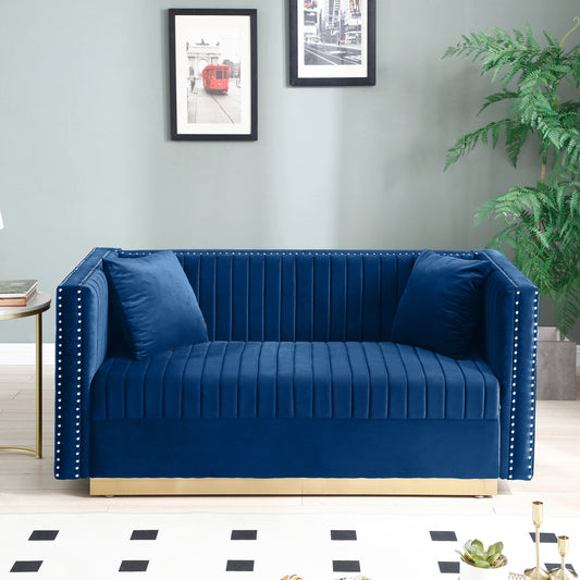 Contemporary Vertical Channel Tufted Velvet Sofa  Loveseat Modern Upholstered 2 Seater Couch for Living Room Apartment with 2 pillows,Blue