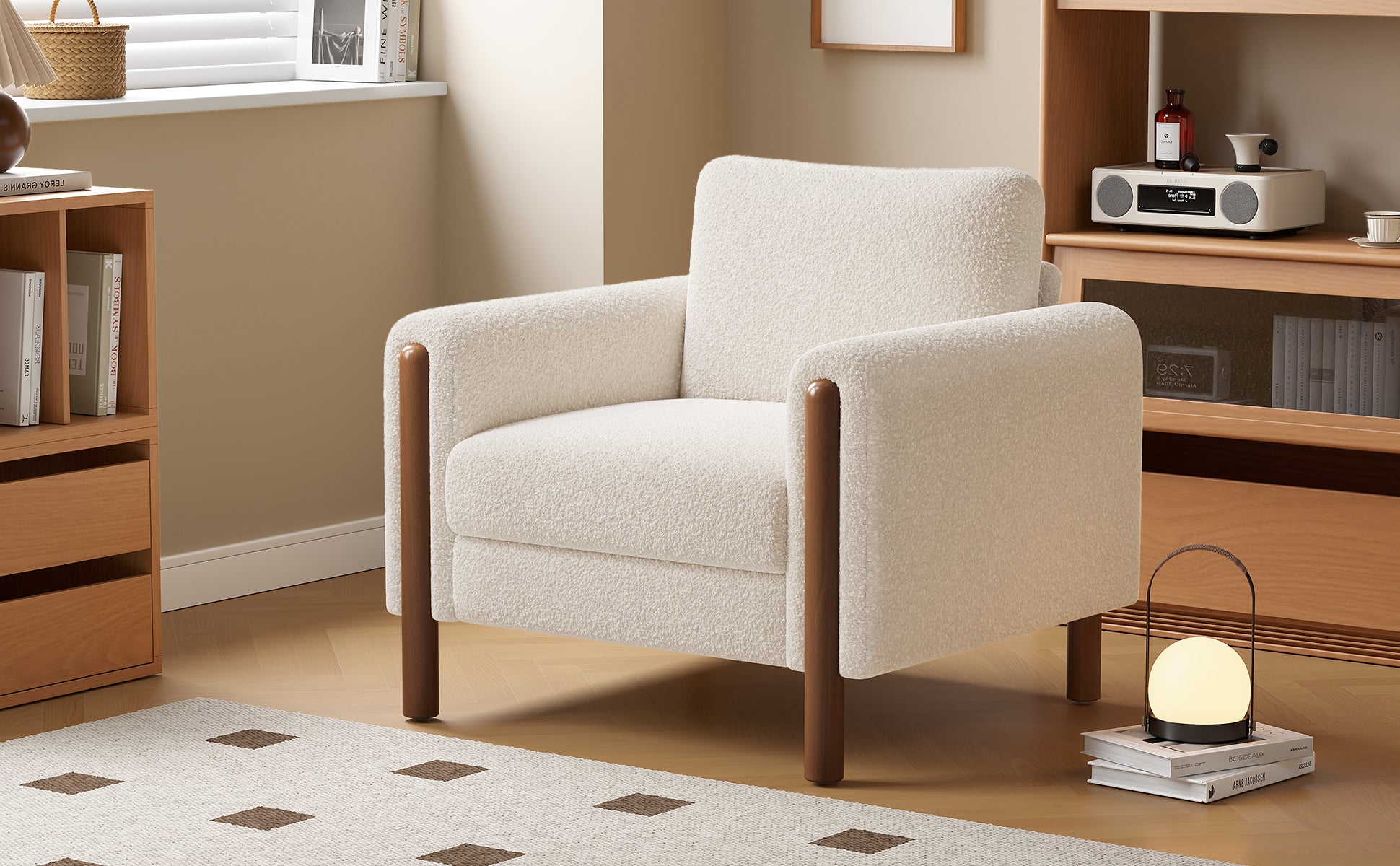 Oversized Accent Chair, Upholstered Living Room Chairs Single Sofa Chair with Walnut Legs, Curved handrail, White