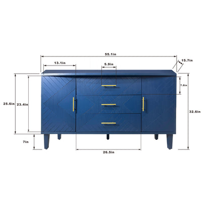 Stylish and Functional 2-Door 3-Drawer Cabinet with Carved Effect, for Bedroom,Living Room,Office,Easy Assembly, Navy Blue