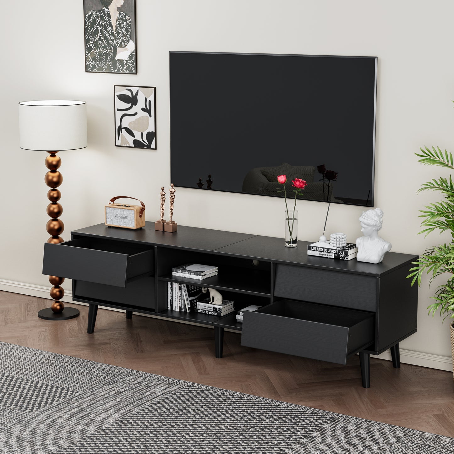 63 Inch TV Stand Features Vintage-style and Bevel Design, TV Stand with Drawers, Entertainment Center for Living Room Bedroom, TV Media Console