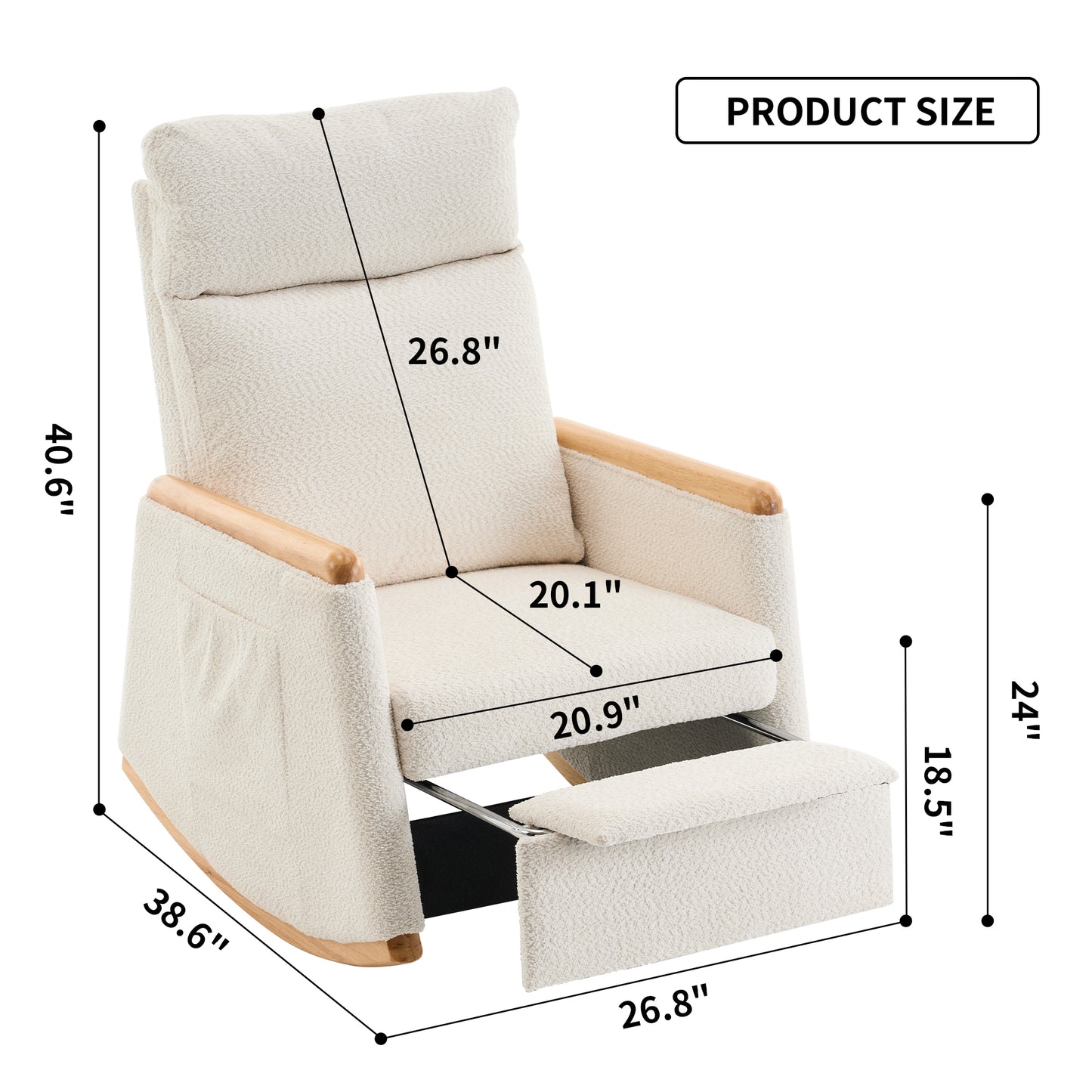 Accent Rocking Chair with Footrest High Back Rubber Wood Rocking Legs Bedroom Living Space 38.6D X 26.8W X 40.6H Inch