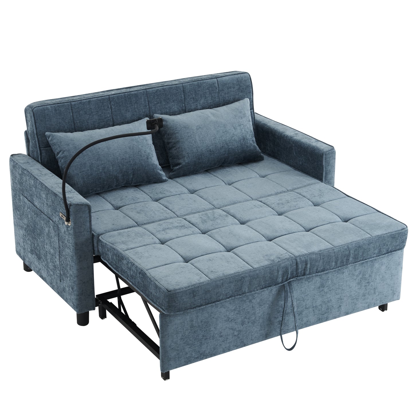 56.9" Loveseat Sofa Pull-out Sofa Bed Sleeper Sofa with a Reversible Backrest Cushion, Side Pockets, Two USB Ports and a Phone Holder for Living Room, Blue