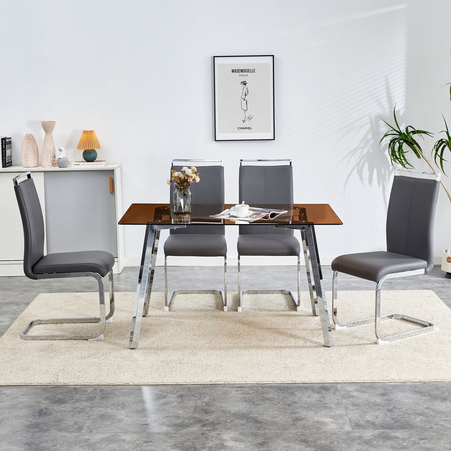 Modern Brown Glass Dining Set with 4 Chairs