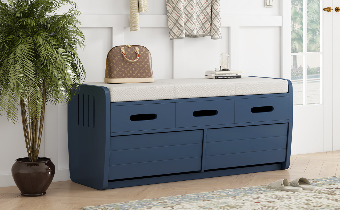 TREXM Rustic Storage Bench with 2 Drawers, Hidden Storage Space, and 3 False Drawers at the Top, Shoe Bench for Living Room, Entryway (Navy)