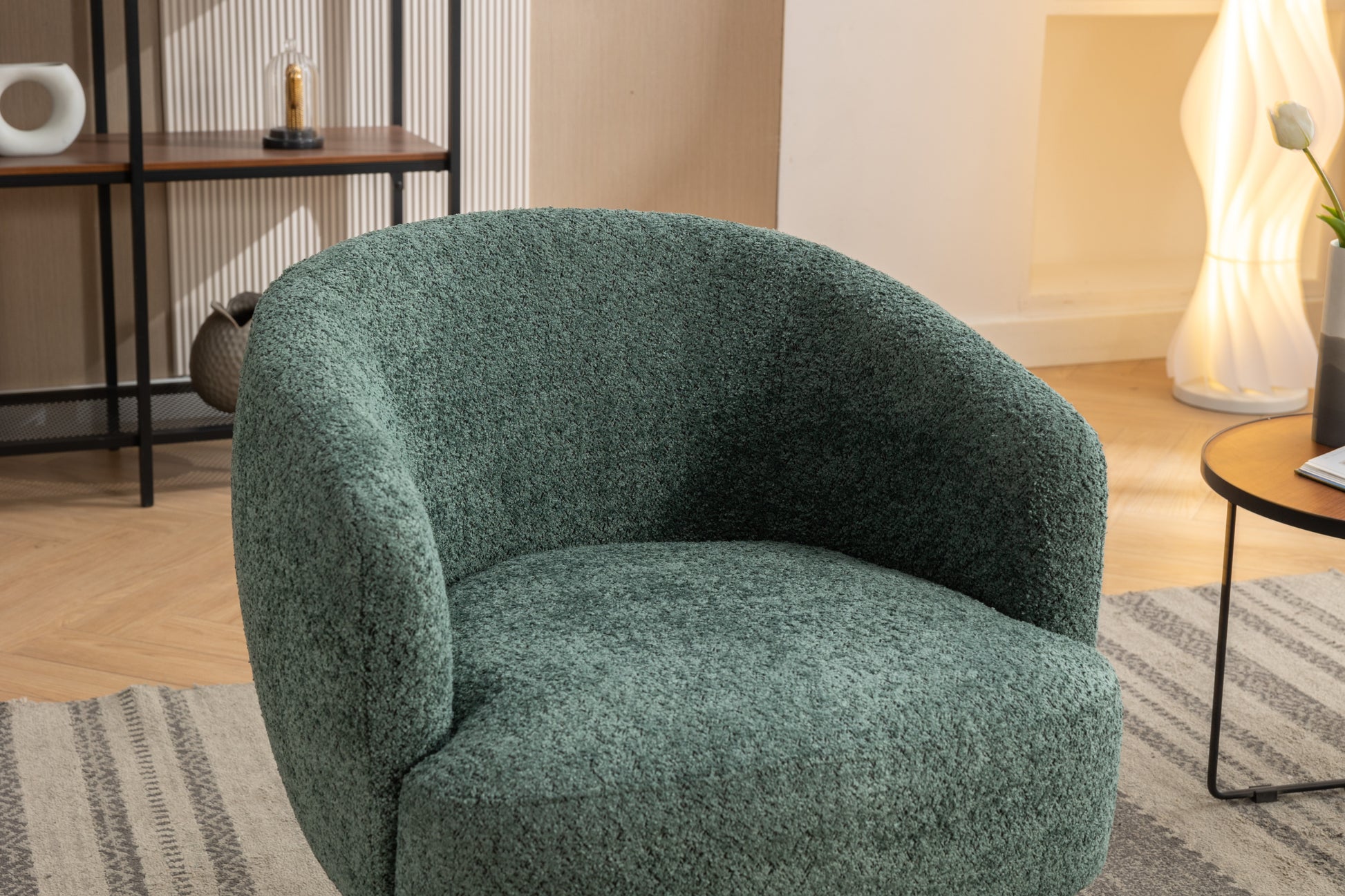 048-Chenille Fabric Accent Swivel Chair With Gold Metal Round Base,Green