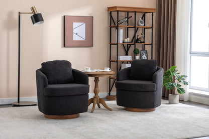 035-Boucle Fabric Swivel Accent Chair With Soild Wood Round Brown Base Leg,Black