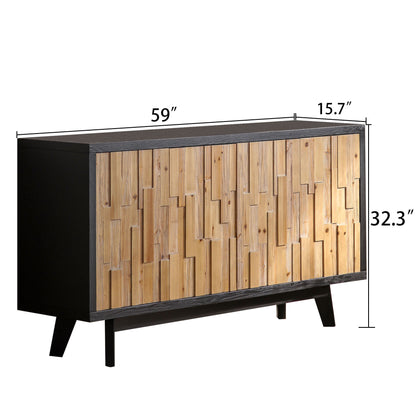 Modern Wooden 4-Door Storage Cabinet with Textured Geometric Design - Natural Wood Door