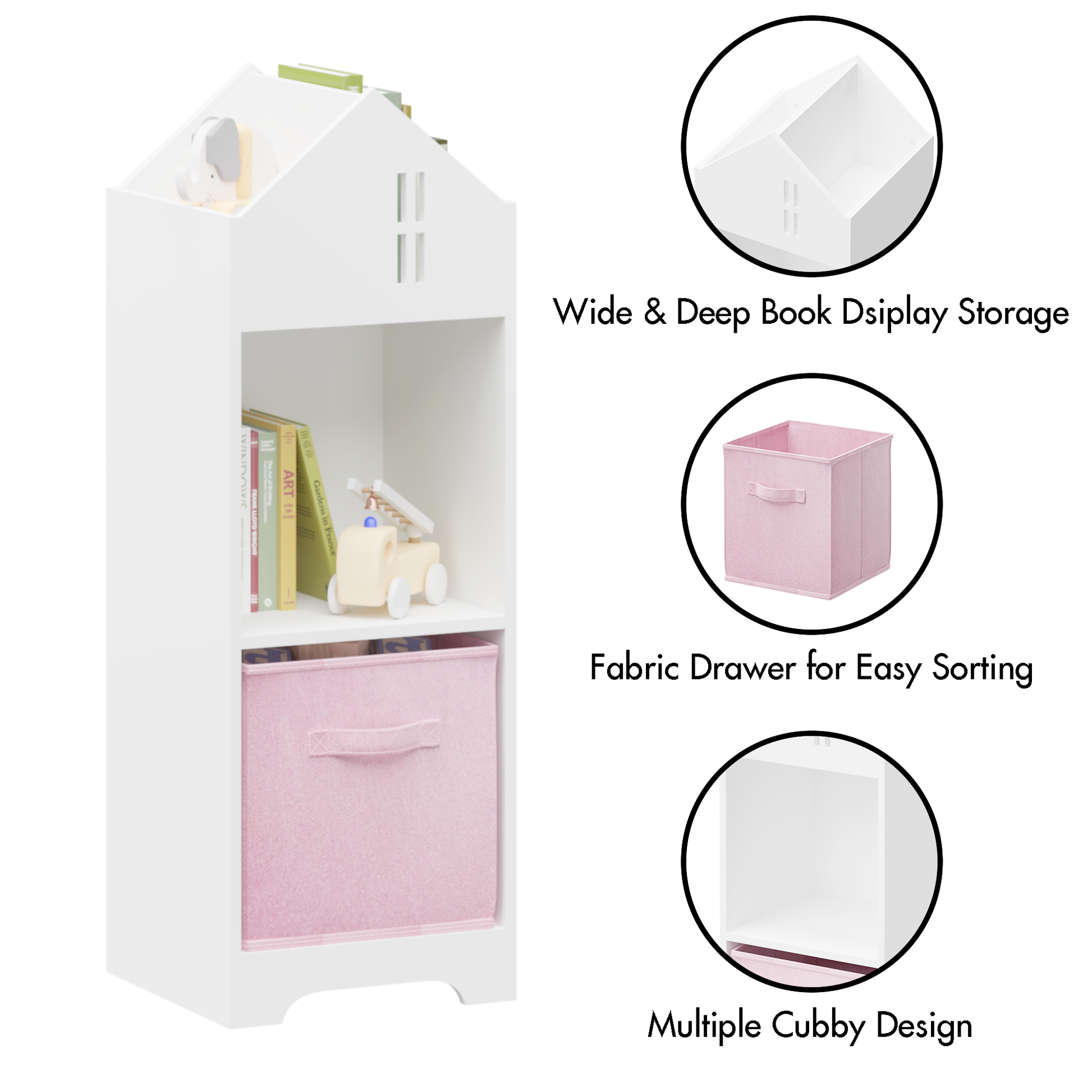 Kids Dollhouse Bookcase with Storage, 2-Tier Storage Display Organizer, Toddler Bookshelf with Collapsible Fabric Drawers for Bedroom or Playroom (White/Pink)