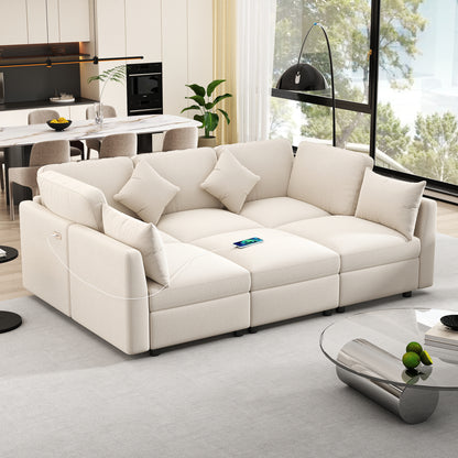 85.4" Sectional Sofa Modular Sofa U-shaped Sofa Couch Sofa Bed L-shaped Sofa with a Movable Ottoman and Two USB Ports for Living Room, Beige