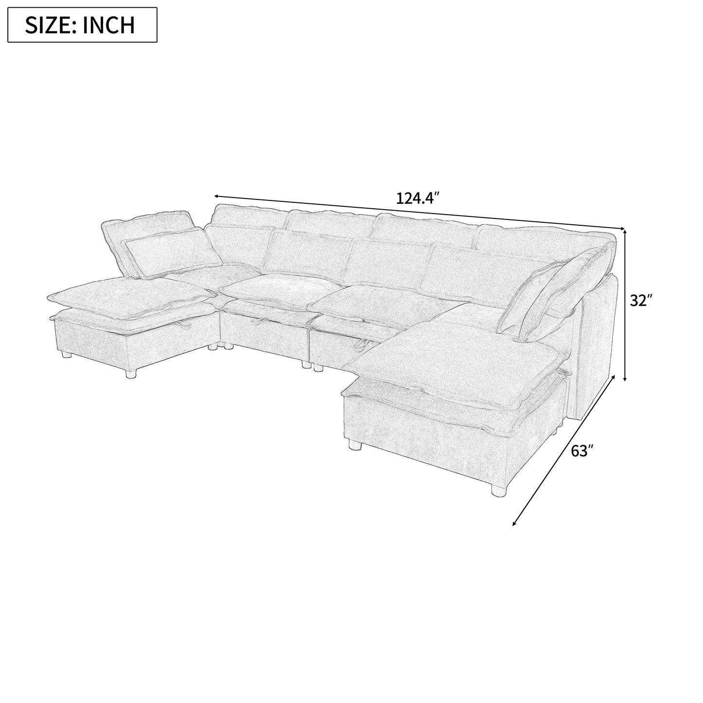 U_Style Double-Layer Cushion Modern Large U-Shaped Modular Sofa, Freely Combinable 6-Seater with Storage Function, Convertible to Sofa Bed, Perfect for Living Rooms, Offices, and Apartments